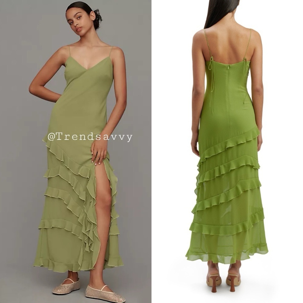 Anthropologie Bardot Cantara Green Ruffle Maxi Dress 4 NWT V Neck Tiered